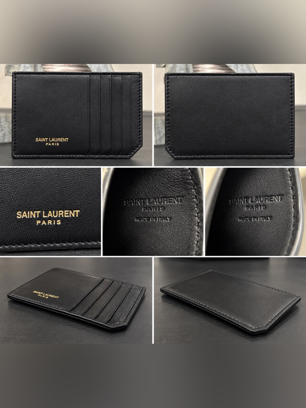 Saint Laurent Authentic Calf Skin Black Leather Slim Cardholder with Gold Logo
